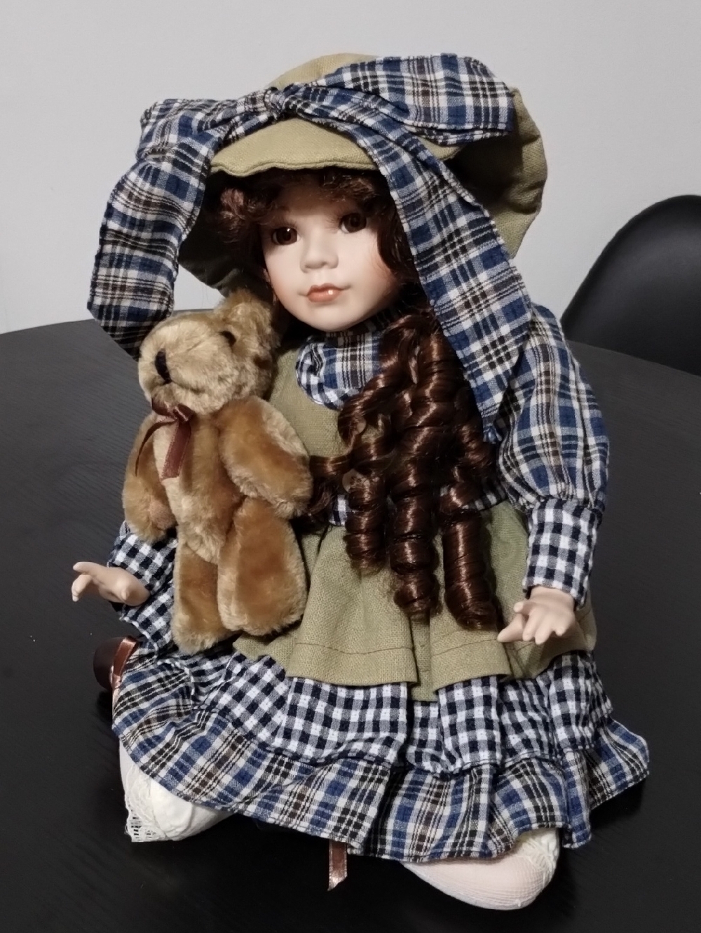 Classic Porcelain Doll with Brown Teddy - Blue Plaid Dress